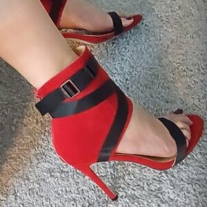 Red Stiletto Heels Black Ankle Strap Evening Shoes 4.5 Heel